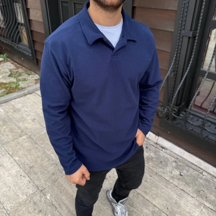 Erkek Fitilli Polar Sweatshirt – Düğmesiz Polo Yaka, Oversize Rahat Kalıp, Kalın Polar Kumaş, Kışlık Ve Baharlık Şık Günlük Üst - Lacivert
