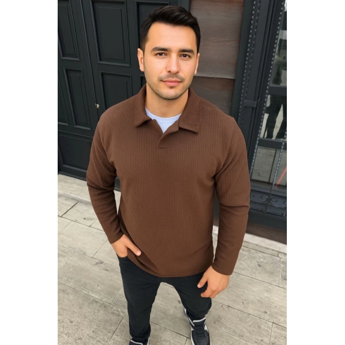 Erkek Fitilli Polar Sweatshirt – Düğmesiz Polo Yaka, Oversize Rahat Kalıp, Kalın Polar Kumaş, Kışlık Ve Baharlık Şık Günlük Üst - Kahverengi