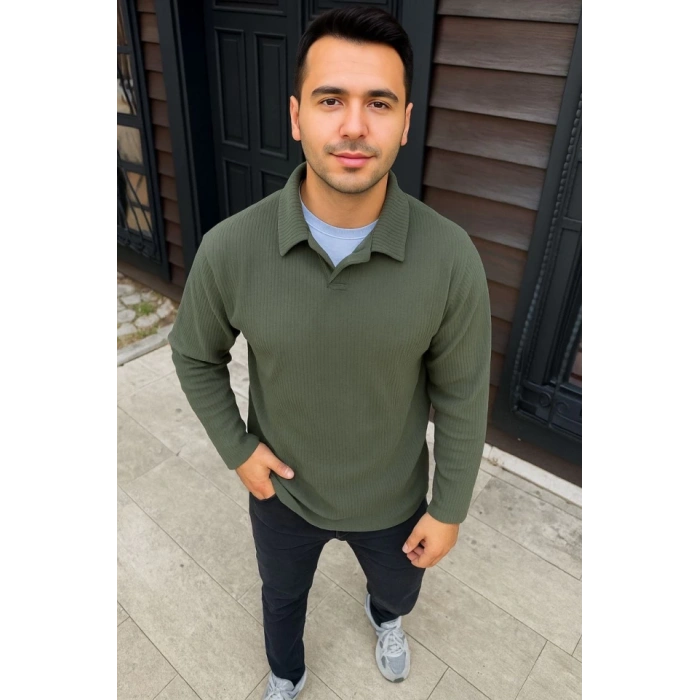 Erkek Fitilli Polar Sweatshirt – Düğmesiz Polo Yaka, Oversize Rahat Kalıp, Kalın Polar Kumaş, Kışlık Ve Baharlık Şık Günlük Üst - Haki