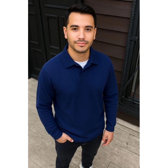 Erkek Fitilli Polar Sweatshirt – Düğmesiz Polo Yaka, Oversize Rahat Kalıp, Kalın Polar Kumaş, Kışlık Ve Baharlık Şık Günlük Üst - Lacivert