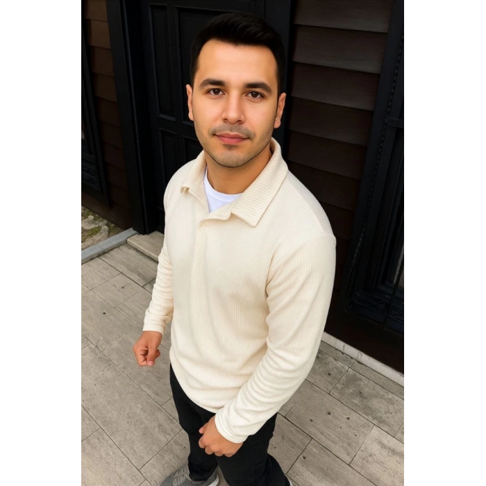 Erkek Fitilli Polar Sweatshirt – Düğmesiz Polo Yaka, Oversize Rahat Kalıp, Kalın Polar Kumaş, Kışlık Ve Baharlık Şık Günlük Üst - Beyaz