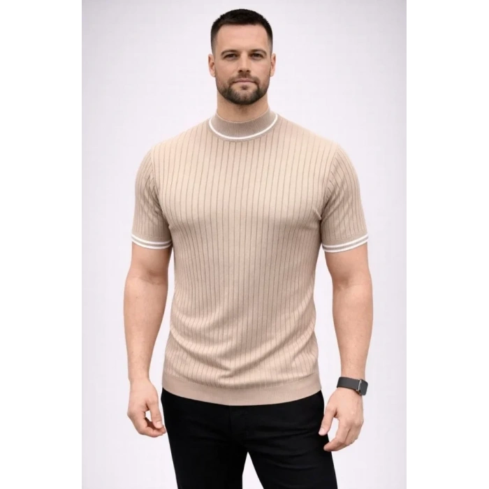 Erkek Fitilli Triko Dokuma Kısa Kol Tişört Yarım Boğaz Modern Yazlık T-Shirt - Bej