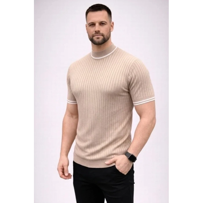 Erkek Fitilli Triko Dokuma Kısa Kol Tişört Yarım Boğaz Modern Yazlık T-Shirt - Bej