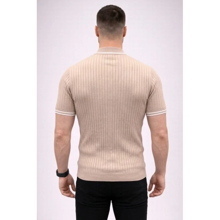 Erkek Fitilli Triko Dokuma Kısa Kol Tişört Yarım Boğaz Modern Yazlık T-Shirt - Bej