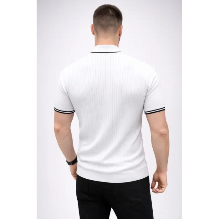 Erkek Fitilli Triko Dokuma Kısa Kol Tişört Yarım Boğaz Modern Yazlık T-Shirt - Beyaz