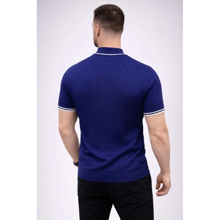 Erkek Fitilli Triko Dokuma Kısa Kol Tişört Yarım Boğaz Modern Yazlık T-Shirt - Lacivert