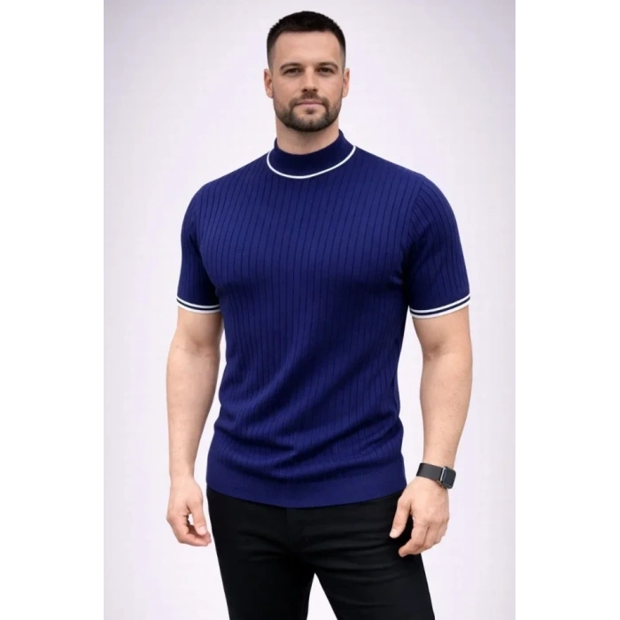 Erkek Fitilli Triko Dokuma Kısa Kol Tişört Yarım Boğaz Modern Yazlık T-Shirt - Lacivert