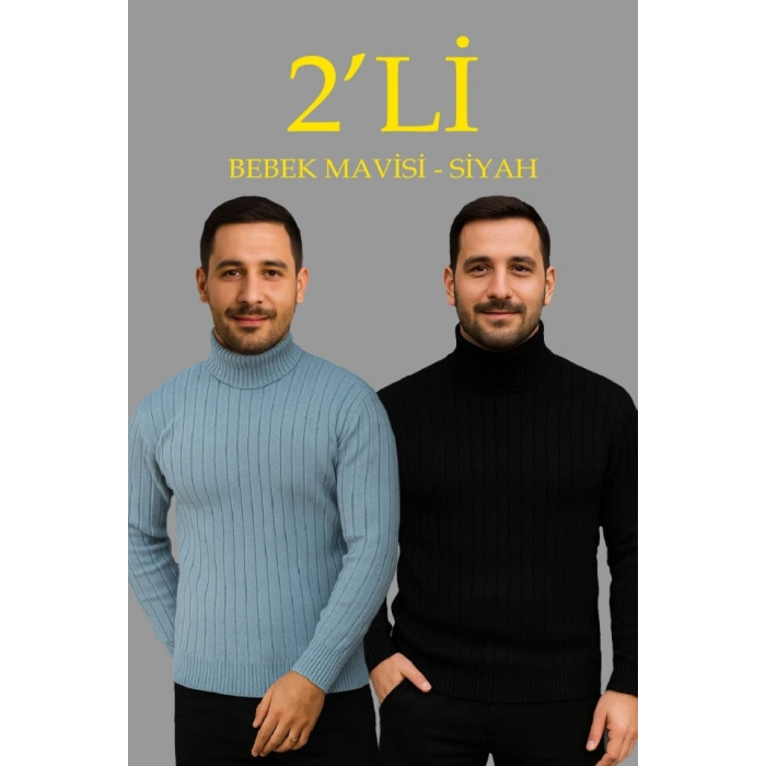 Erkek Fitilli Triko Kazak 2li Set Bebek Mavisi Siyah Regular Balıkcı Yaka Tam Boğazlı Triko Seti Modeli Kazak