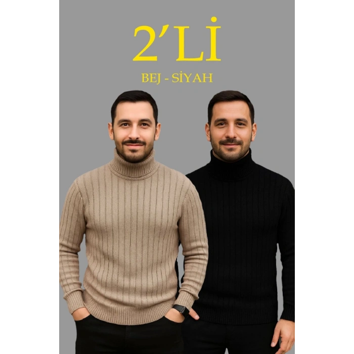 Erkek Fitilli Triko Kazak 2li Set Bej Siyah Regular Balıkcı Yaka Tam Boğazlı Triko Seti Modeli Kazak