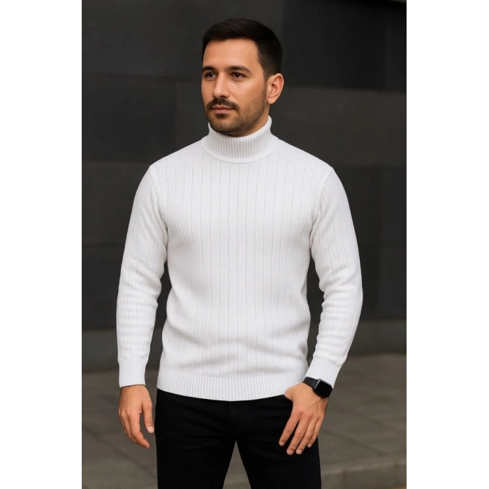 Erkek Fitilli Triko Kazak 2li Set Beyaz Siyah Regular Balıkcı Yaka Tam Boğazlı Triko Seti Modeli Kazak