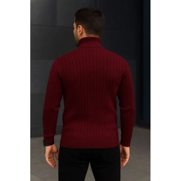 Erkek Fitilli Triko Kazak 2li Set Bordo Siyah Regular Balıkcı Yaka Tam Boğazlı Triko Seti Modeli Kazak