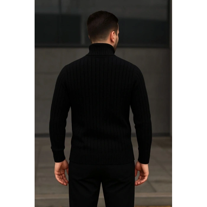 Erkek Fitilli Triko Kazak 2li Set Gri Siyah Regular Balıkcı Yaka Tam Boğazlı Triko Seti Modeli Kazak