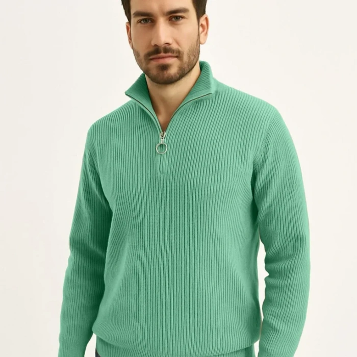 Erkek Fitilli Triko Kazak 2’li Set –  Mint Yeşili - Siyah, Kalın Dokuma Pamuklu Regular Fit V Yaka Fermuarlı Uzun Kollu Rahat Kışlık Kazak Kombini