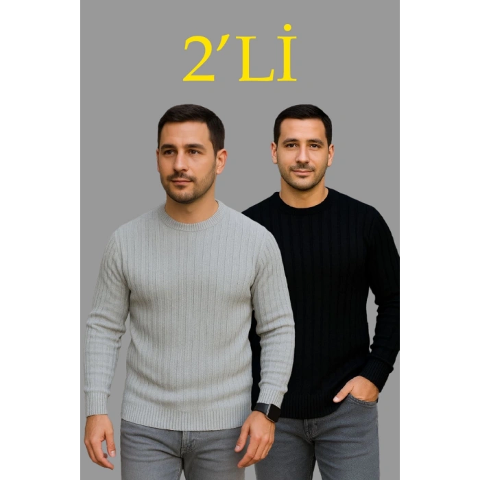Erkek Fitilli Triko Kazak 2’li Set – Siyah - Gri, Kalın Dokuma Pamuklu Regular Fit Bisiklet Yaka Uzun Kollu Rahat Kışlık Kazak Kombini