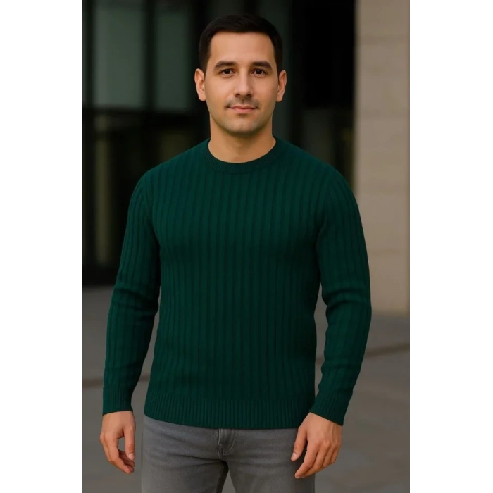 Erkek Fitilli Triko Kazak 2’li Set Siyah Haki Kalın Dokuma Pamuklu Regular Fit Bisiklet