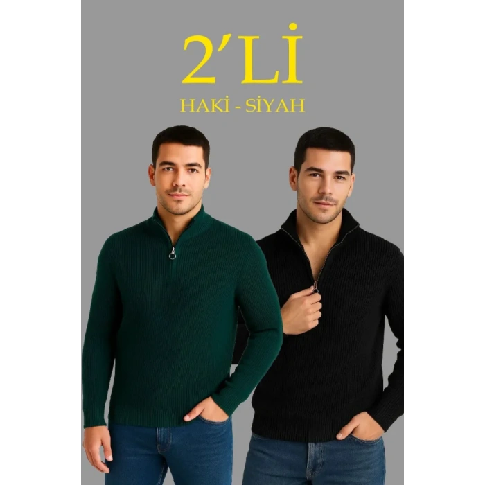 Erkek Fitilli Triko Kazak 2’li Set – Siyah - Haki Kalın Dokuma Pamuklu Regular Fit V Yaka Fermuarlı Uzun Kollu Rahat Kışlık Kazak Kombini