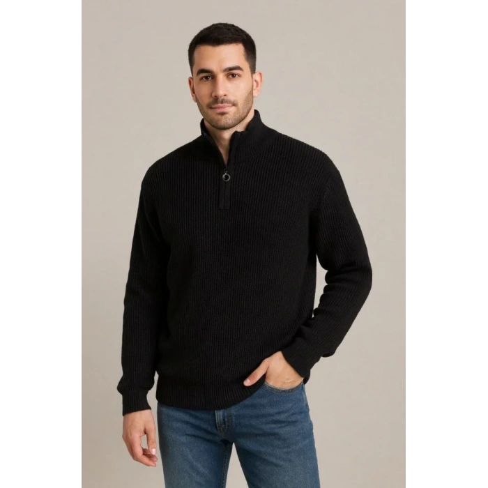 Erkek Fitilli Triko Kazak 2’li Set – Siyah - Haki Kalın Dokuma Pamuklu Regular Fit V Yaka Fermuarlı Uzun Kollu Rahat Kışlık Kazak Kombini