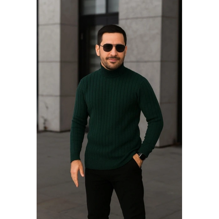 Erkek Fitilli Triko Kazak 3lÜ Set Bej Haki Siyah Regular Balıkcı Yaka Tam Boğazlı Triko Seti Modeli Kazak