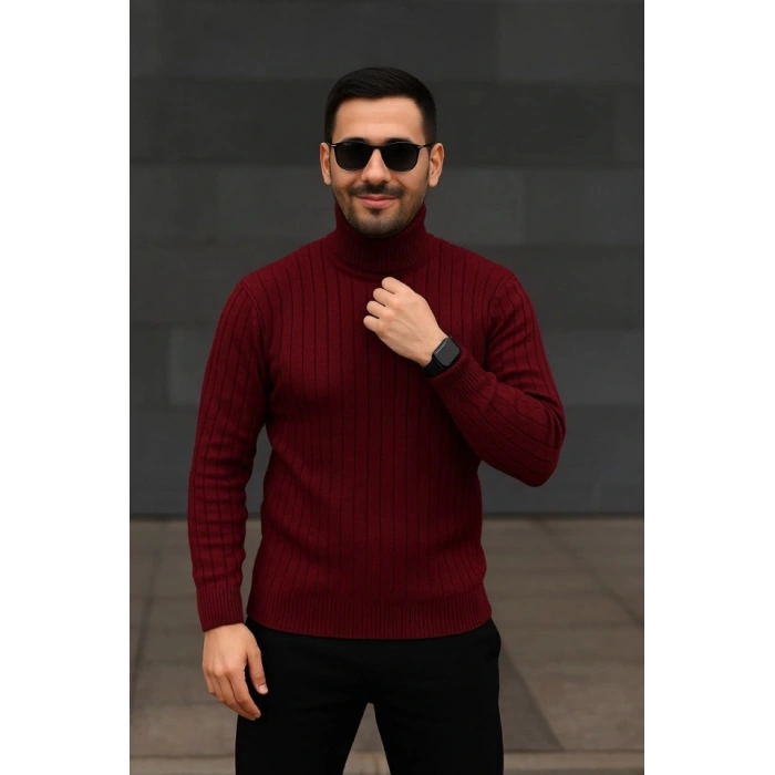 Erkek Fitilli Triko Kazak 3lÜ Set Beyaz Bordo Siyah Regular Balıkcı Yaka Tam Boğazlı Triko Seti Modeli Kazak