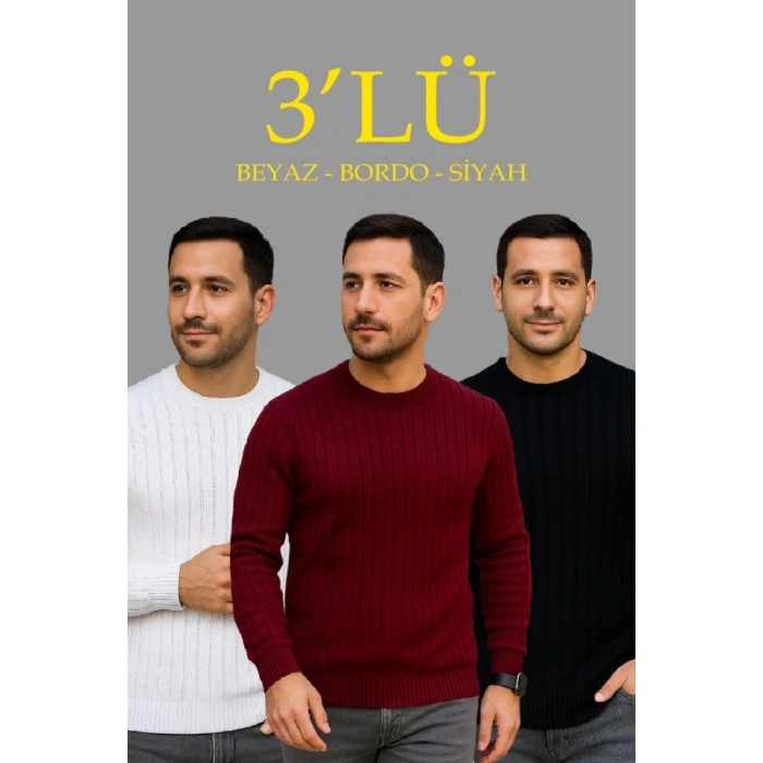 Erkek Fitilli Triko Kazak 3lü Set Beyaz Bordo Siyah Regular Fit Bisiklet Yaka Triko Seti