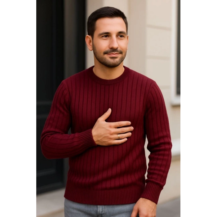 Erkek Fitilli Triko Kazak 3lü Set Beyaz Bordo Siyah Regular Fit Bisiklet Yaka Triko Seti