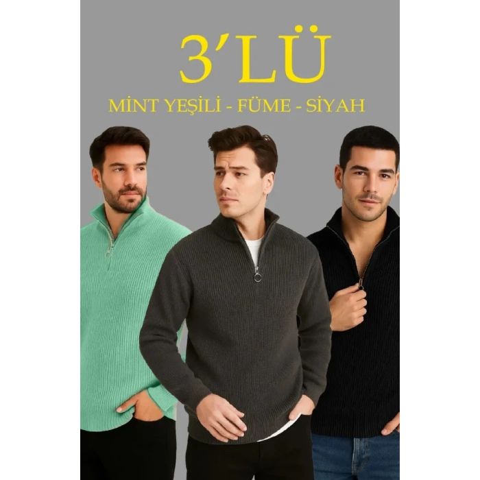 Erkek Fitilli Triko Kazak 3’lü Set – Mint Yeşili, Siyah, Füme Kalın Dokuma Pamuklu Regular Fit V Yaka Fermuarlı Uzun Kollu Rahat Kışlık Kazak Kombini