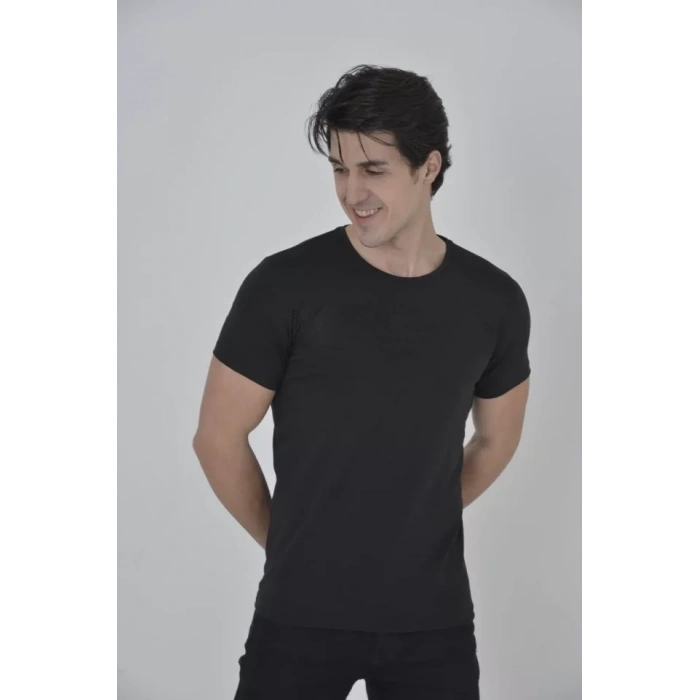 Erkek Gögüs Fileli Slim Fit T-shirt - Siyah