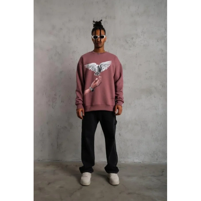 Erkek Güvercin Baskılı Sweatshirt - Gül Kurusu