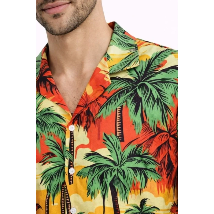 Erkek Hawaii Tarz Tropikal Palmiye Desenli Kısa Kol Gömlek Rahat Kalıp Yazlık - Desenli