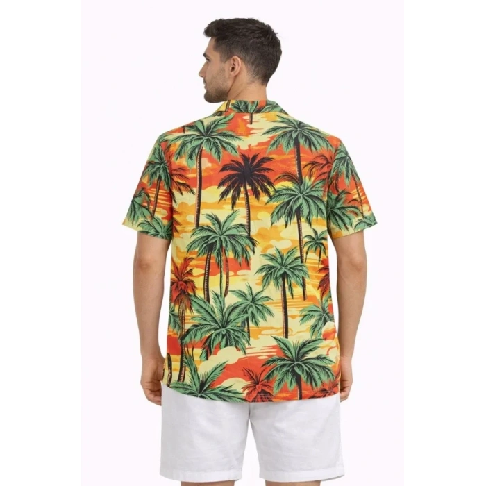 Erkek Hawaii Tarz Tropikal Palmiye Desenli Kısa Kol Gömlek Rahat Kalıp Yazlık - Desenli