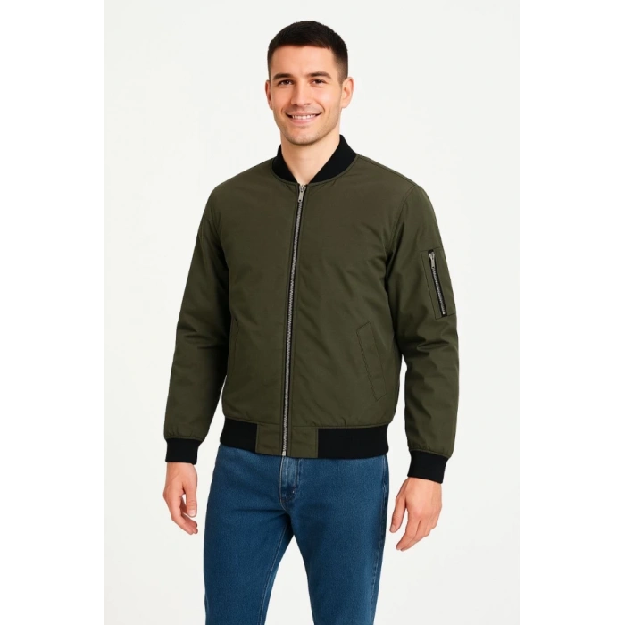 Erkek Içi Astarlı Fermuarlı Bomber Mont Ceket - Haki