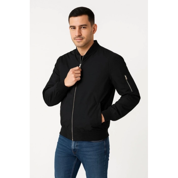 Erkek Içi Astarlı Fermuarlı Bomber Mont Ceket - Siyah