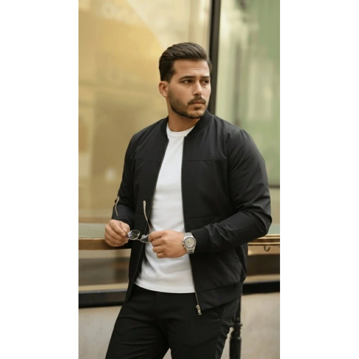 Erkek İçi Astarlı Su Geçirmez Bomber Mevsimlik Ceket - Siyah