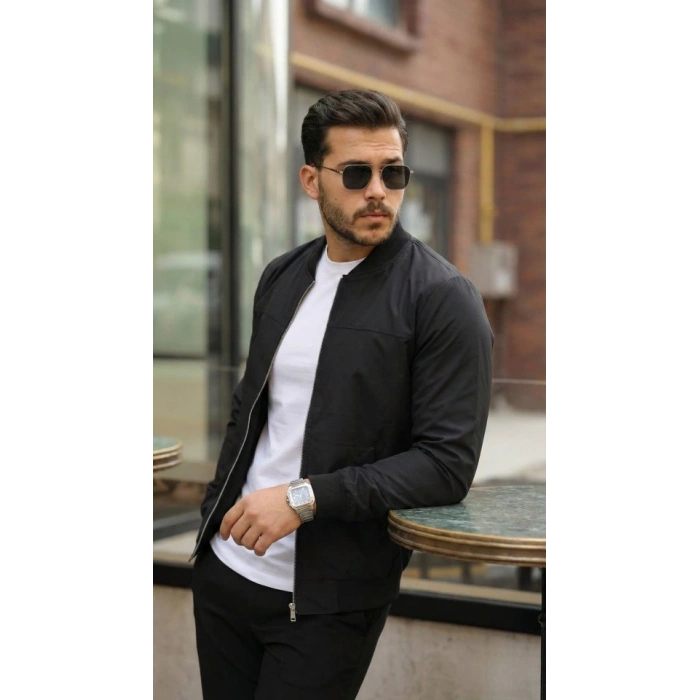 Erkek İçi Astarlı Su Geçirmez Bomber Mevsimlik Ceket - Siyah