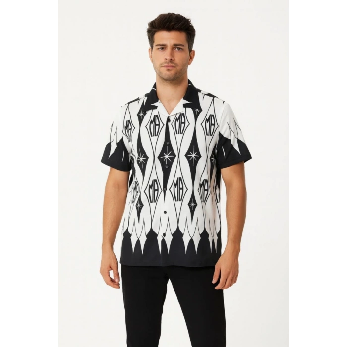 Erkek İki İplik Kumaş Dijital Baskılı Gömlek - Siyah