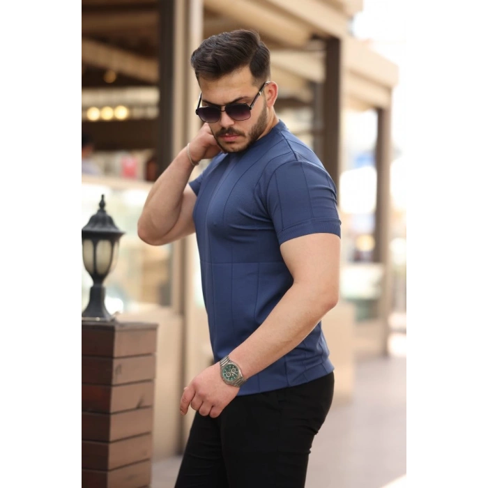 Erkek Ince çizgi Dokulu Bisiklet Yaka Kısa Kollu T-shirt