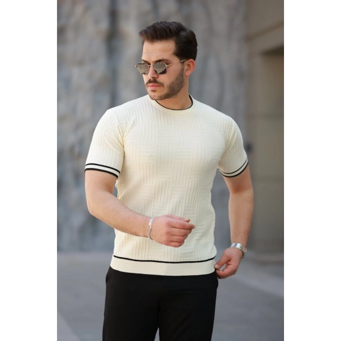 Erkek Jakarlı Ribanalı Kısa Kollu T-shirt