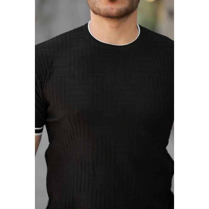 Erkek Jakarlı Ribanalı Kısa Kollu T-shirt