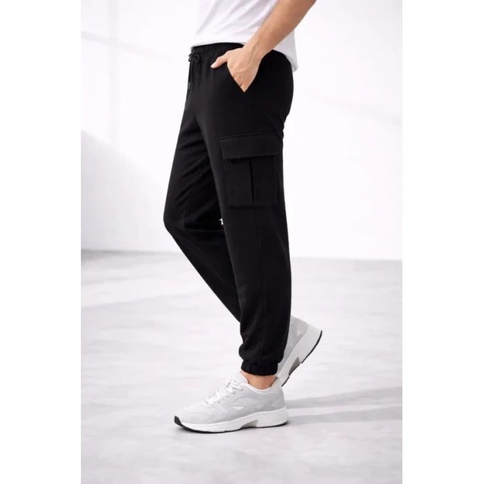 Erkek Jogger Eşofman Altı Regular Fit , Kargo Cepli, Lastikli Paça, Günlük Spor Pantolon - Siyah