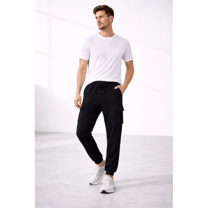 Erkek Jogger Eşofman Altı Regular Fit , Kargo Cepli, Lastikli Paça, Günlük Spor Pantolon - Siyah