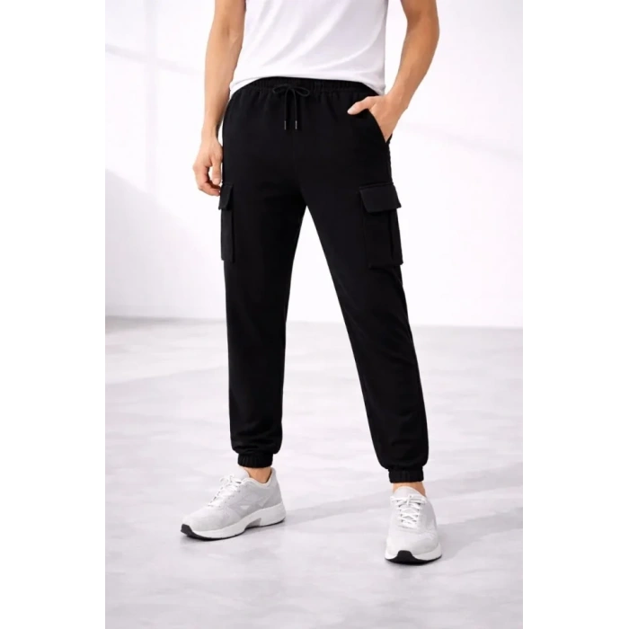 Erkek Jogger Eşofman Altı Regular Fit , Kargo Cepli, Lastikli Paça, Günlük Spor Pantolon - Siyah