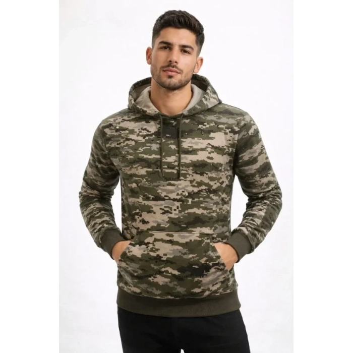 Erkek Kamuflaj Desenli 2 İplik 4 Mevsim Kapüşonlu Kanguru Cepli Hoodie Sweatshirt - Kamuflaj