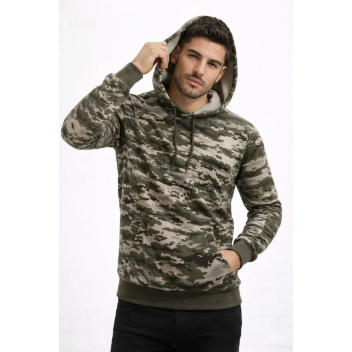 Erkek Kamuflaj Desenli 2 İplik 4 Mevsim Kapüşonlu Kanguru Cepli Hoodie Sweatshirt - Kamuflaj