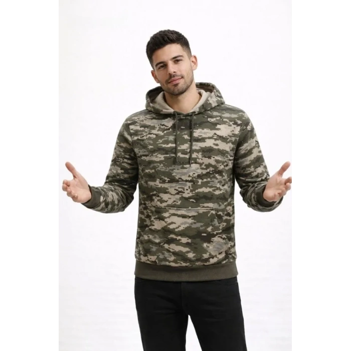 Erkek Kamuflaj Desenli 2 İplik 4 Mevsim Kapüşonlu Kanguru Cepli Hoodie Sweatshirt - Kamuflaj