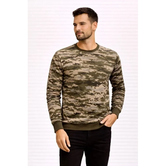 Erkek Kamuflaj Desenli 2 İplik 4 Mevsim Uzun Kollu Bisiklet Yaka Sweatshirt - Kamuflaj