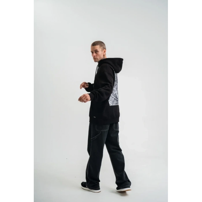 Erkek Kapşonlu Double Oversize Dijital Patchli SweatShirt - Siyah