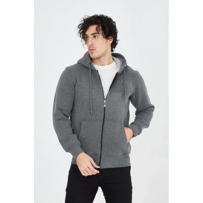 Erkek Kapüşonlu Düz Fermuarlı Hırka - Füme