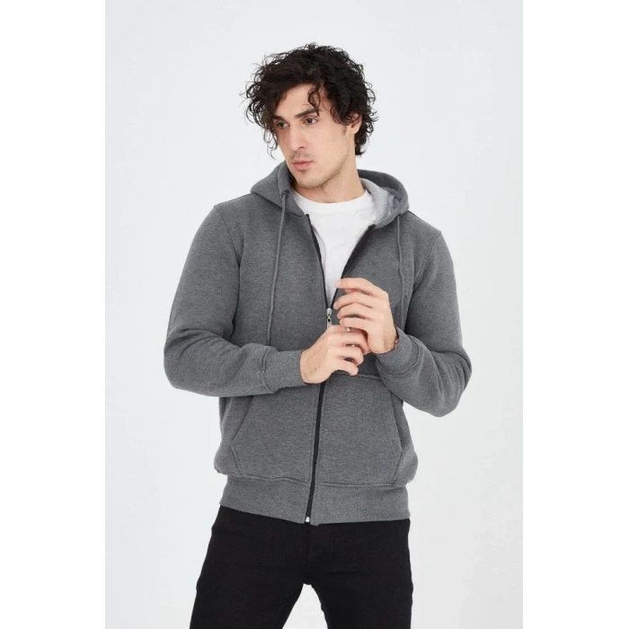 Erkek Kapüşonlu Düz Fermuarlı Hırka - Füme