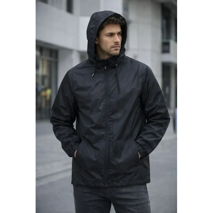 Erkek Kapüşonlu Su İtici Rüzgarlık Ceket Mevsimlik Hafif Mont - Siyah