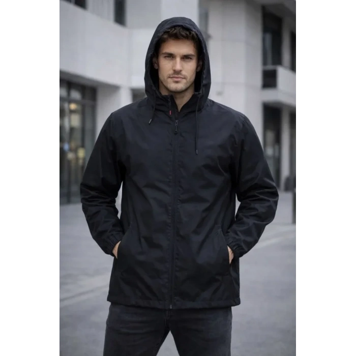 Erkek Kapüşonlu Su İtici Rüzgarlık Ceket Mevsimlik Hafif Mont - Siyah